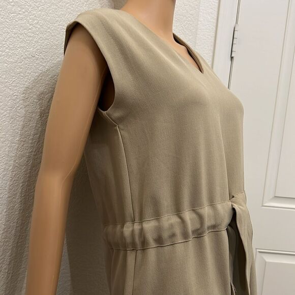 Taylor Dress Sz 2 VNeck Sleeveless Beige Tan Brown Adjustable Tie Waistband Midi - Picture 4 of 7